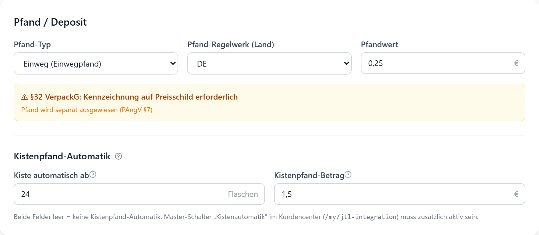 Pfand-Konfiguration am Artikel in BIS ERP: Pfand-Typ Einweg, Pfandwert 0,25 Euro, Kistenpfand-Automatik ab 24 Flaschen mit 1,50 Euro Kistenpfand