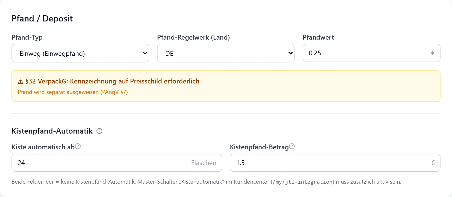 Pfand-Abschnitt im Preise-Tab eines Artikels in BIS ERP mit Pfand-Typ, Pfand-Regelwerk, Pfandwert und Kistenpfand-Automatik