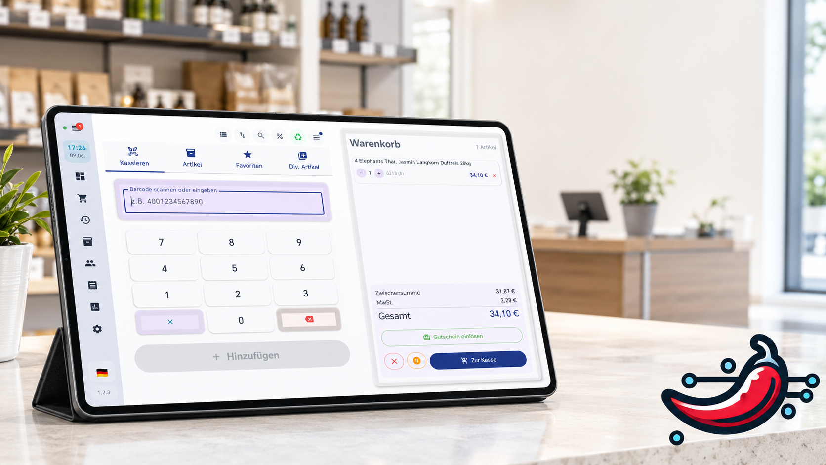 BISpicy POS auf einem Android-Tablet: TSE-konforme Kasse für den Einzelhandel mit Warenkorb und MwSt-Ausweis