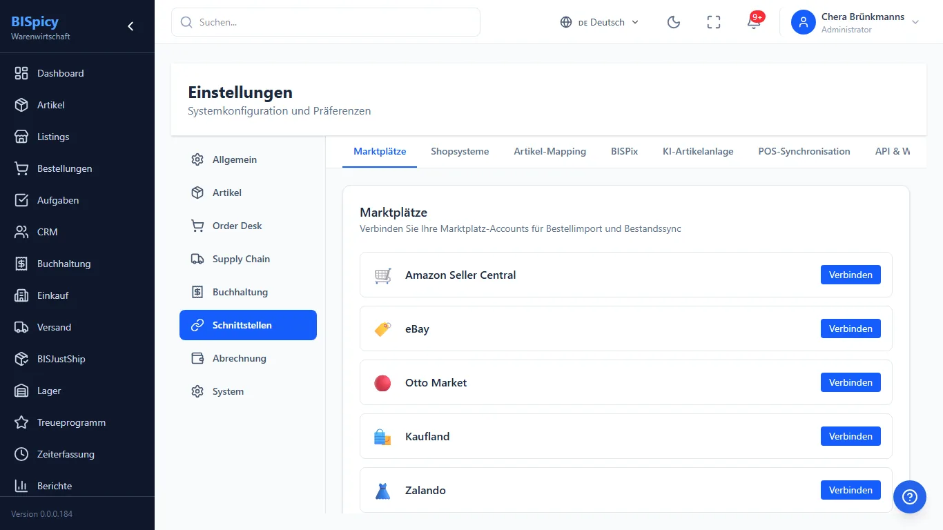 Marktplätze-Einstellungen in BISpicy ERP unter Einstellungen Schnittstellen: Marktplatz-Connectoren Amazon Seller Central, eBay, Otto Market, Kaufland und Zalando jeweils mit Schaltfläche Verbinden