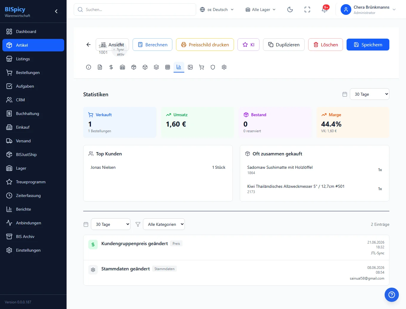Statistiken- und Journal-Tab eines Artikels in BISpicy ERP mit Kennzahlen, Top-Kunden, Cross-Selling und dem Journal-Eintrag Kundengruppenpreis geändert (Quelle JTL-Sync)