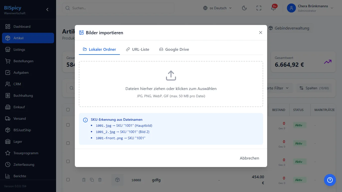 Massen-Bilderimport in BISpicy per ZIP-Archiv mit SKU-benannten Dateien oder per URL-Liste