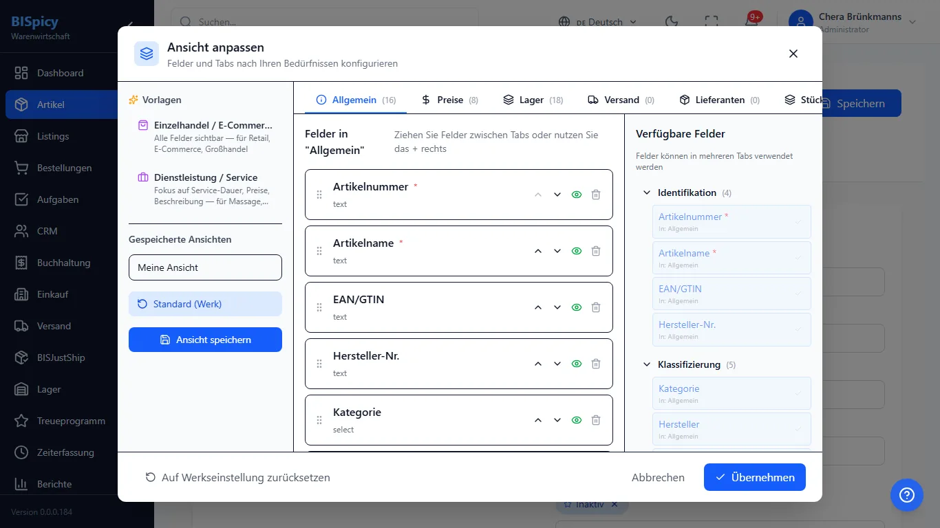 BISView-Dialog Ansicht anpassen in BISpicy ERP: links Vorlagen Einzelhandel und Dienstleistung sowie gespeicherte Ansichten, Mitte die Felder des Tabs Allgemein mit Reihenfolge-, Sichtbarkeits- und Entfernen-Schaltflächen, rechts die verfügbaren Felder nach Gruppen