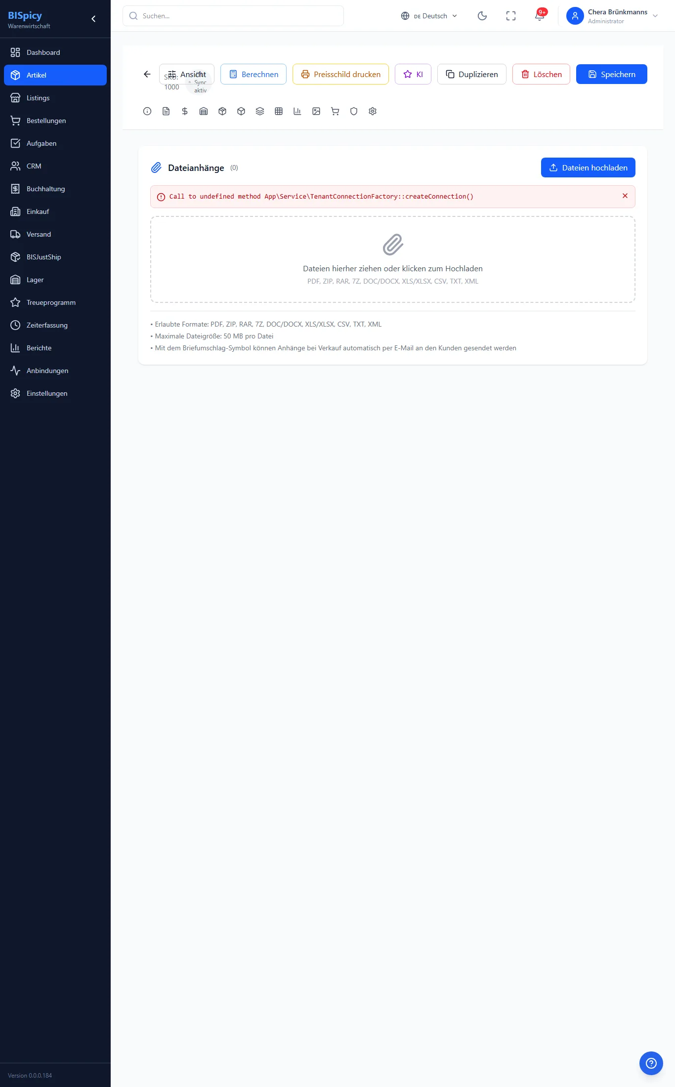 Anhänge-Tab der Artikel-Detailansicht in BISpicy ERP: Dateien je Artikel wie PDF, DOC und XLS mit Upload und Download