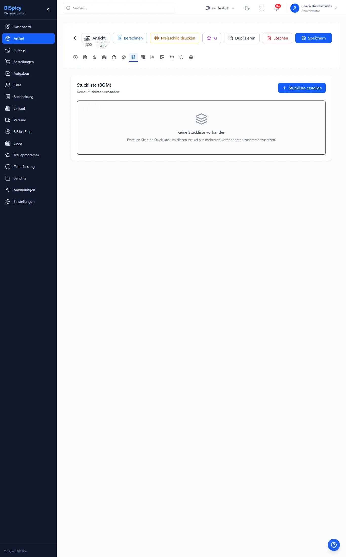 Stücklisten-Tab der Artikel-Detailansicht in BISpicy ERP: Komponenten eines Sets mit Artikel, Menge und Kostenanteil
