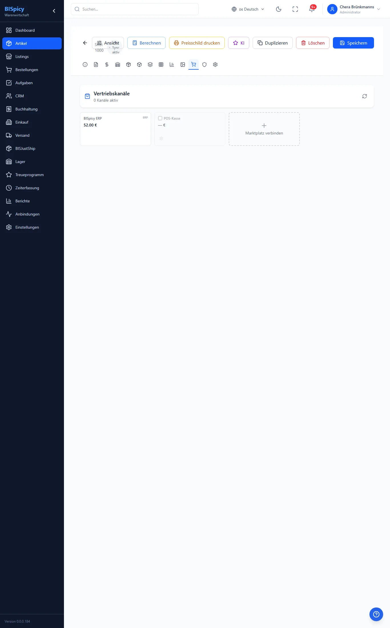 Marktplätze-Tab der Artikel-Detailansicht in BISpicy ERP: Aktivierung und Konfiguration je Verkaufskanal wie eBay, Amazon und Shopify