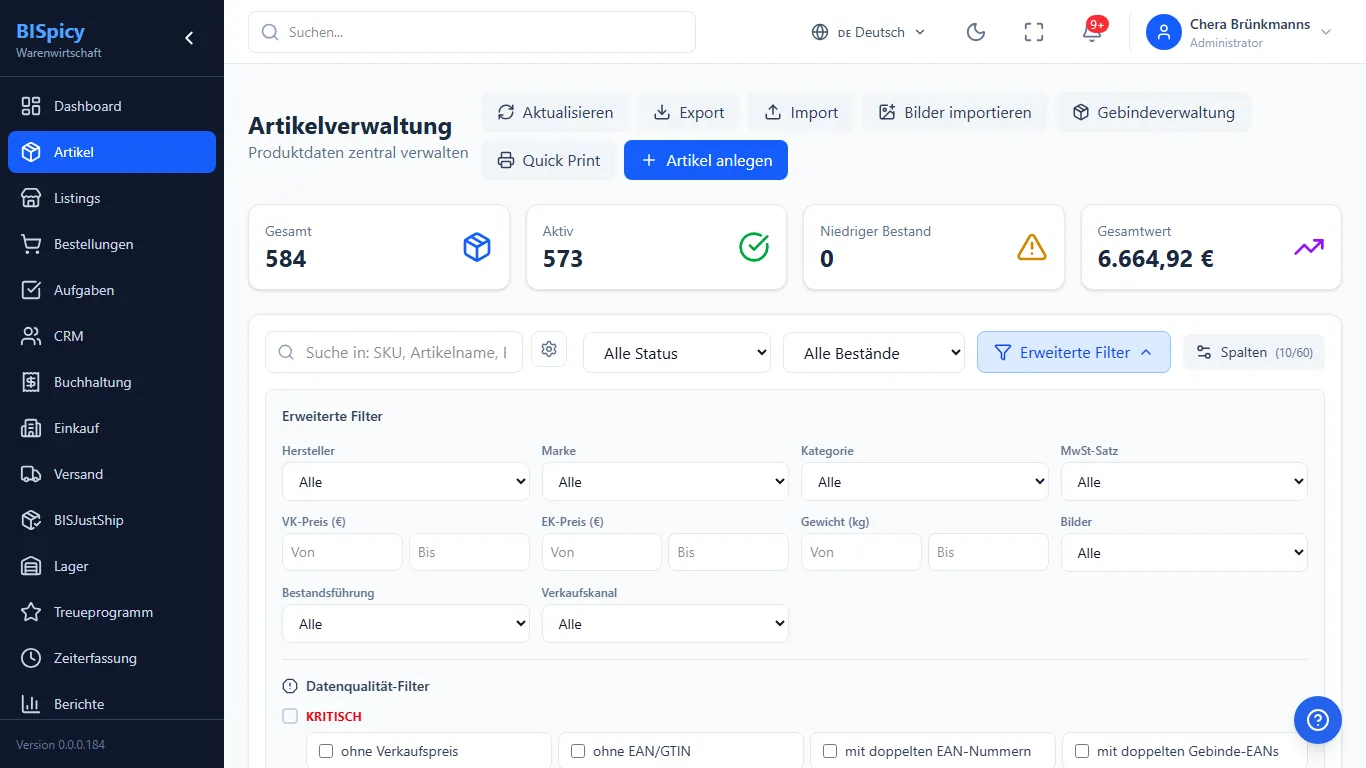 Erweiterte Filter in BISpicy: Datenqualität (fehlend/vorhanden) sowie Eigenschaften wie Hersteller, Marke, Kategorie, Preis- und Gewichtsspanne kombinieren