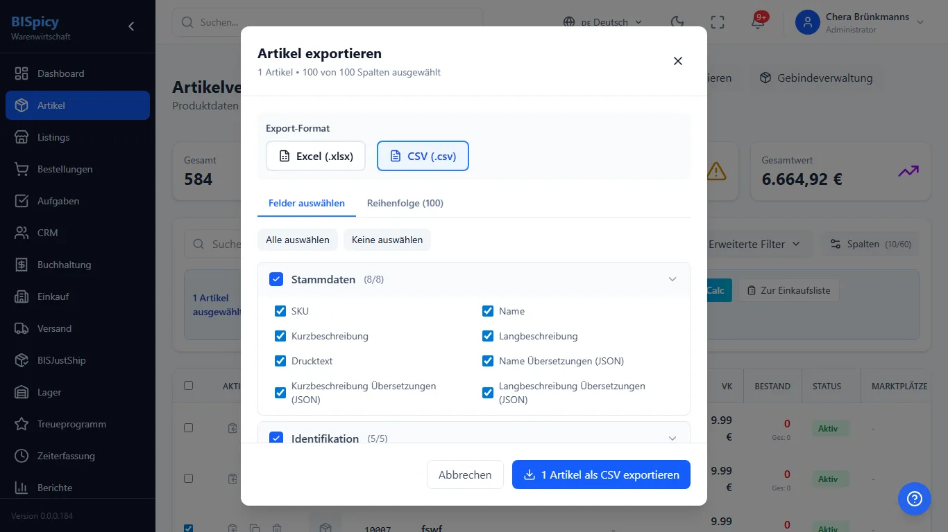 Export-Dialog Artikel exportieren in BISpicy ERP: 1 Artikel ausgewählt, Format CSV (.csv) aktiv, Reiter Felder auswählen mit Feldgruppen Stammdaten und Identifikation, Schaltfläche 1 Artikel als CSV exportieren