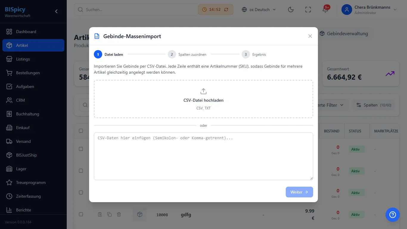 Gebinde-Massenimport Schritt 1 Datei laden in BISpicy ERP: CSV-Upload-Feld und Textfeld zum Einfügen der Gebinde-Daten, jede Zeile mit einer Artikelnummer