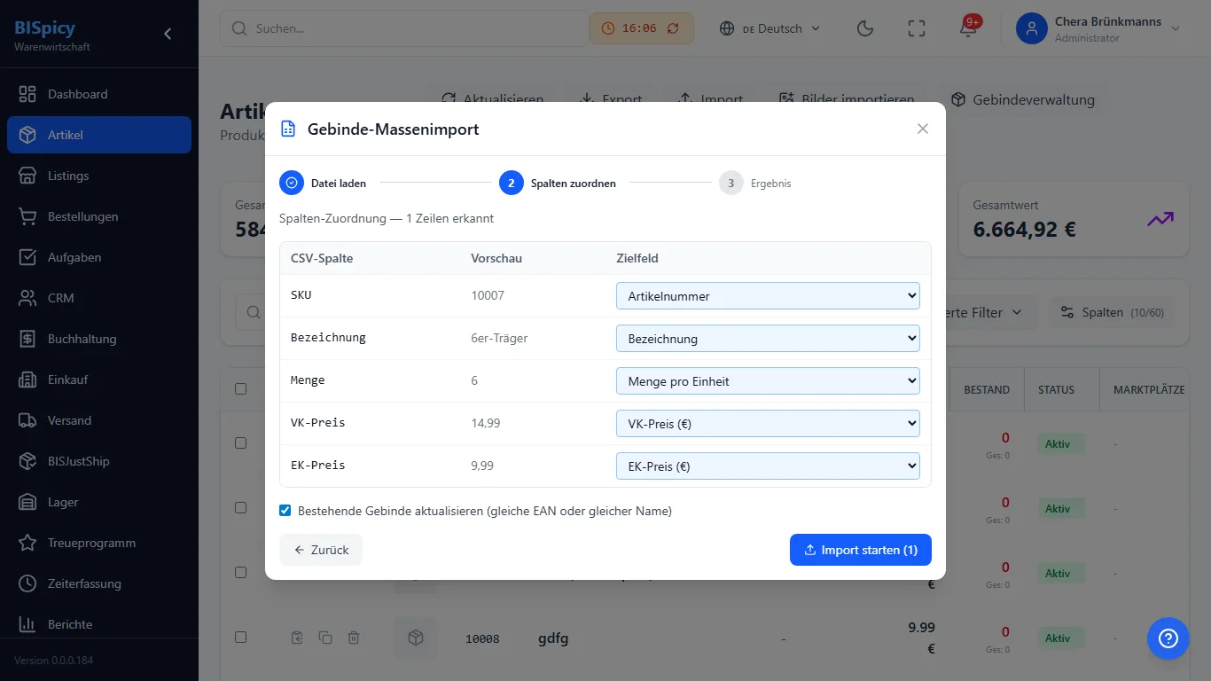Gebinde-Massenimport Schritt 2 Spalten zuordnen in BISpicy ERP: Tabelle mit CSV-Spalte, Vorschau und automatisch erkanntem Zielfeld für SKU, Bezeichnung, Menge, VK-Preis und EK-Preis, Option Bestehende Gebinde aktualisieren