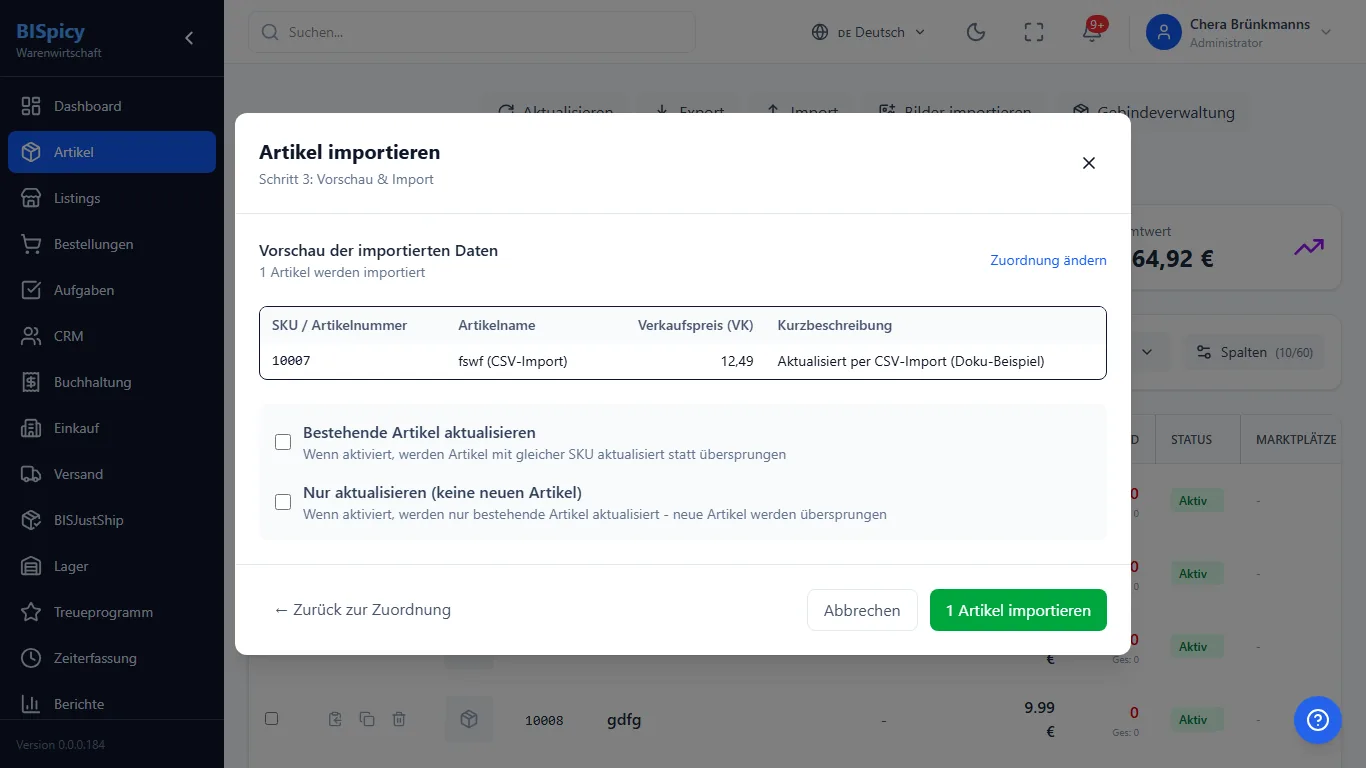 Import Schritt 3 Vorschau und Import in BISpicy ERP: Tabelle mit dem zu importierenden Artikel 10007, Optionen Bestehende Artikel aktualisieren und Nur aktualisieren, grüner Button 1 Artikel importieren