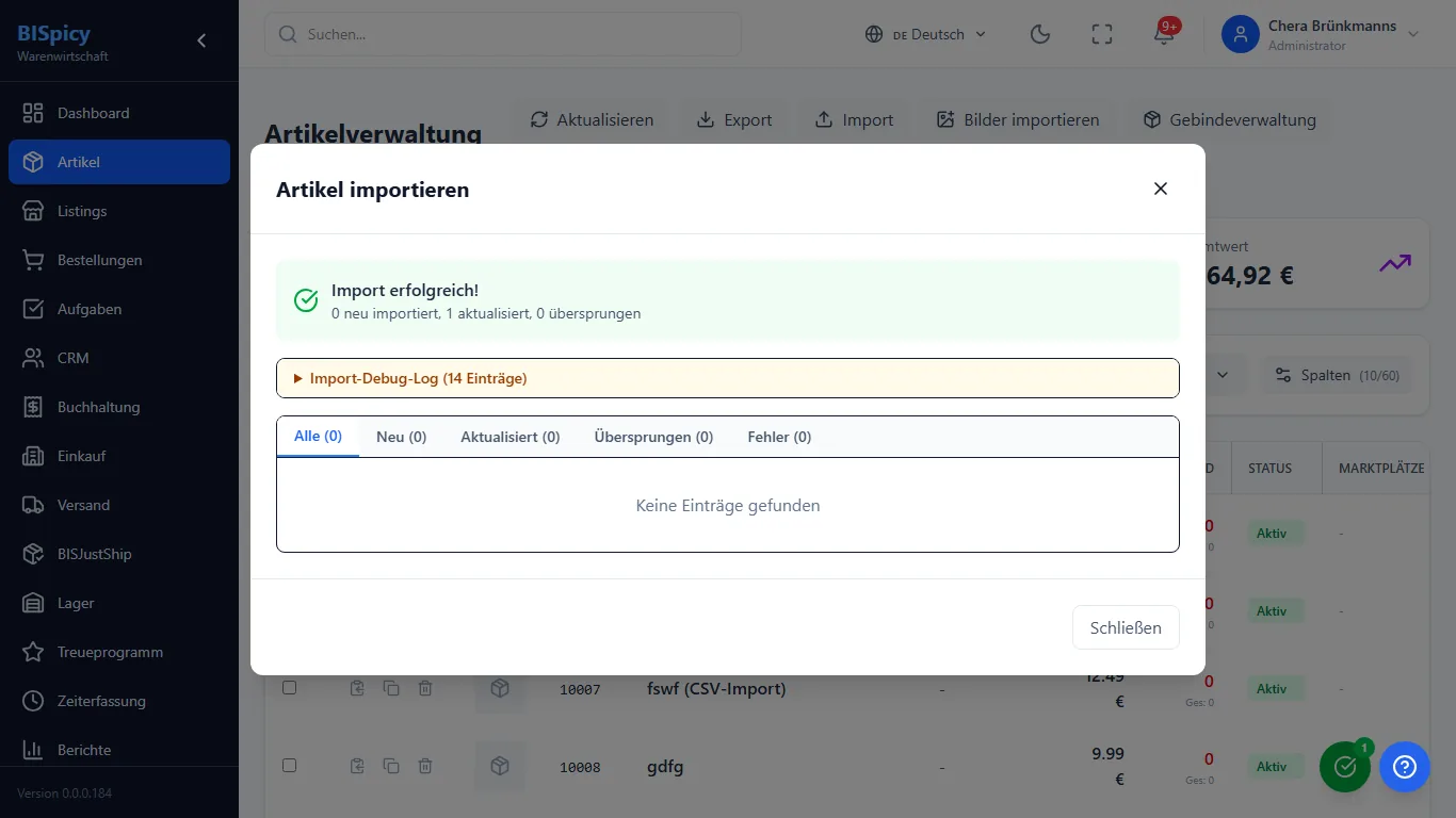 Import-Ergebnis in BISpicy ERP: grüne Meldung Import erfolgreich, 0 neu importiert 1 aktualisiert 0 übersprungen, Import-Debug-Log, dahinter zeigt die Artikelliste den aktualisierten Artikel 10007 fswf (CSV-Import) mit Verkaufspreis 12,49 Euro