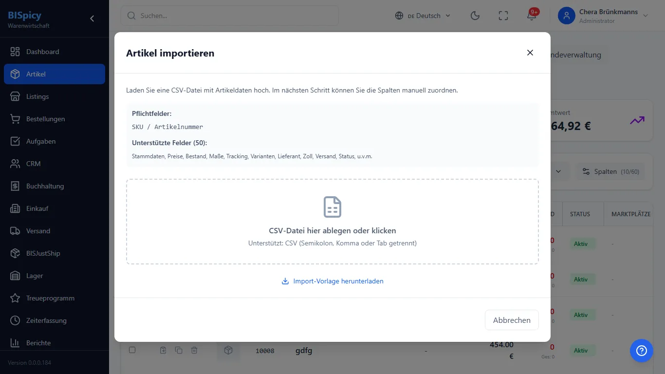 Import-Dialog Artikel importieren in BISpicy ERP mit Pflichtfeld SKU, Liste unterstützter Felder, Drag-and-drop-Feld für die CSV-Datei und Link Import-Vorlage herunterladen