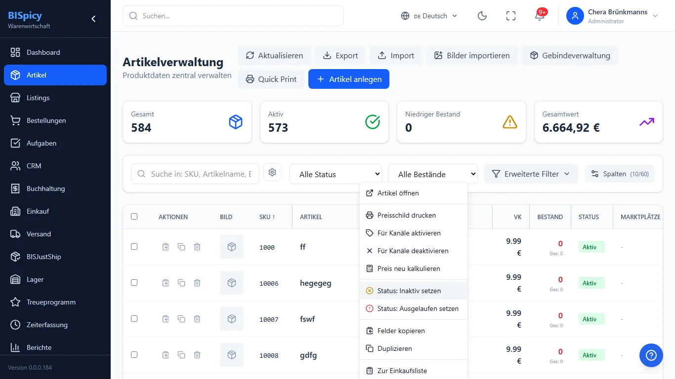 Kontextmenü per Rechtsklick auf eine Artikelzeile in BISpicy ERP mit dem Eintrag Felder kopieren neben Artikel öffnen, Preisschild drucken, Duplizieren und Zur Einkaufsliste