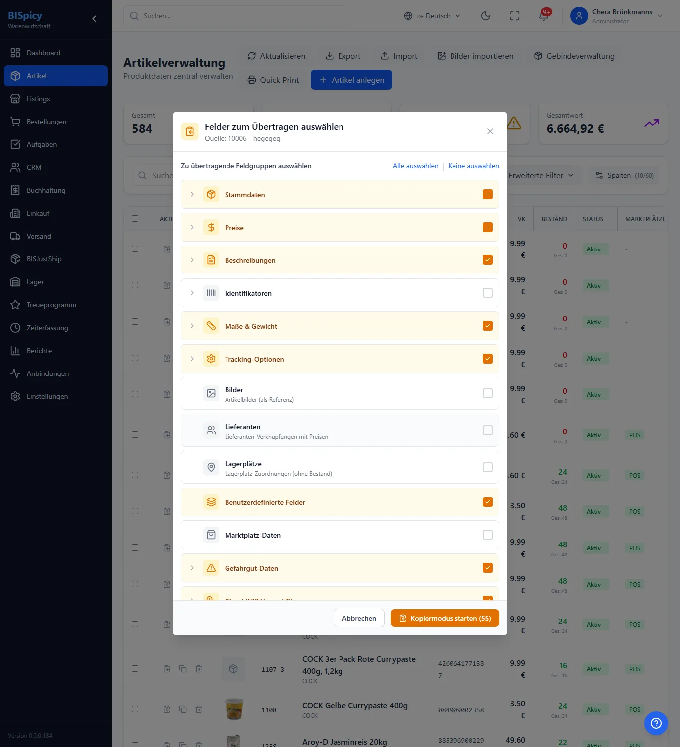 Dialog Felder zum Übertragen auswählen in BISpicy ERP mit Kontrollkästchen für Feldgruppen wie Stammdaten, Preise, Beschreibungen, Maße und Gewicht, Tracking-Optionen, Bilder, Lieferanten und Gefahrgut-Daten sowie der Schaltfläche Kopiermodus starten