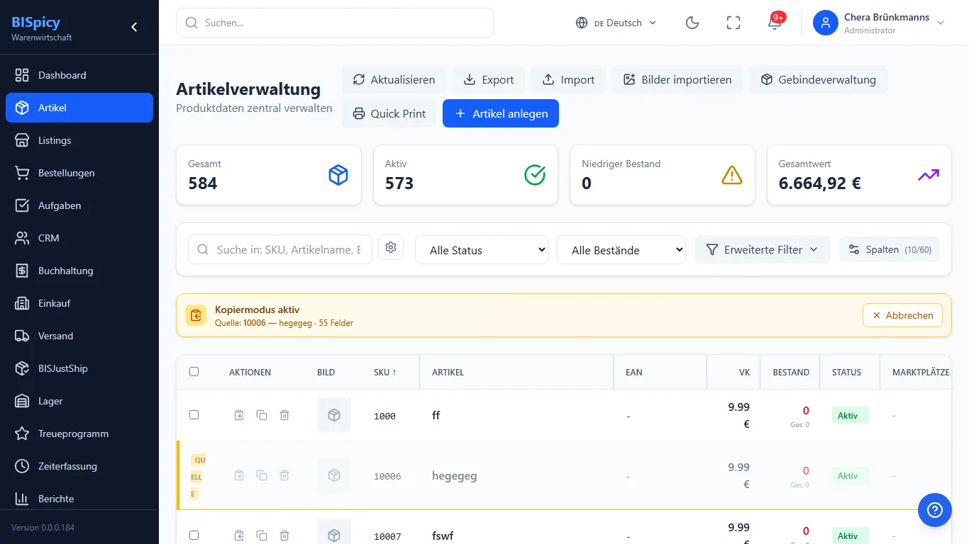 Leiste Kopiermodus aktiv in BISpicy ERP mit Angabe der Quelle 10006 hegegeg und 55 Feldern, die Quell-Zeile in der Tabelle ist mit dem Badge QUELLE gekennzeichnet