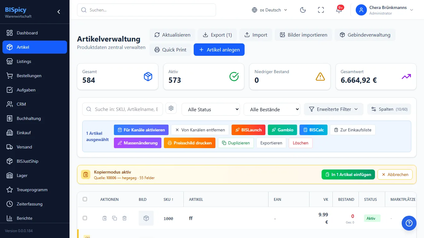 BISpicy ERP Kopiermodus mit einem markierten Zielartikel, in der gelben Leiste erscheint der grüne Button In 1 Artikel einfügen