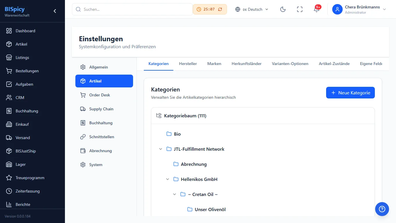 Einstellungen Artikel Kategorien in BISpicy ERP: hierarchischer Kategoriebaum mit 111 Kategorien und Schaltfläche Neue Kategorie
