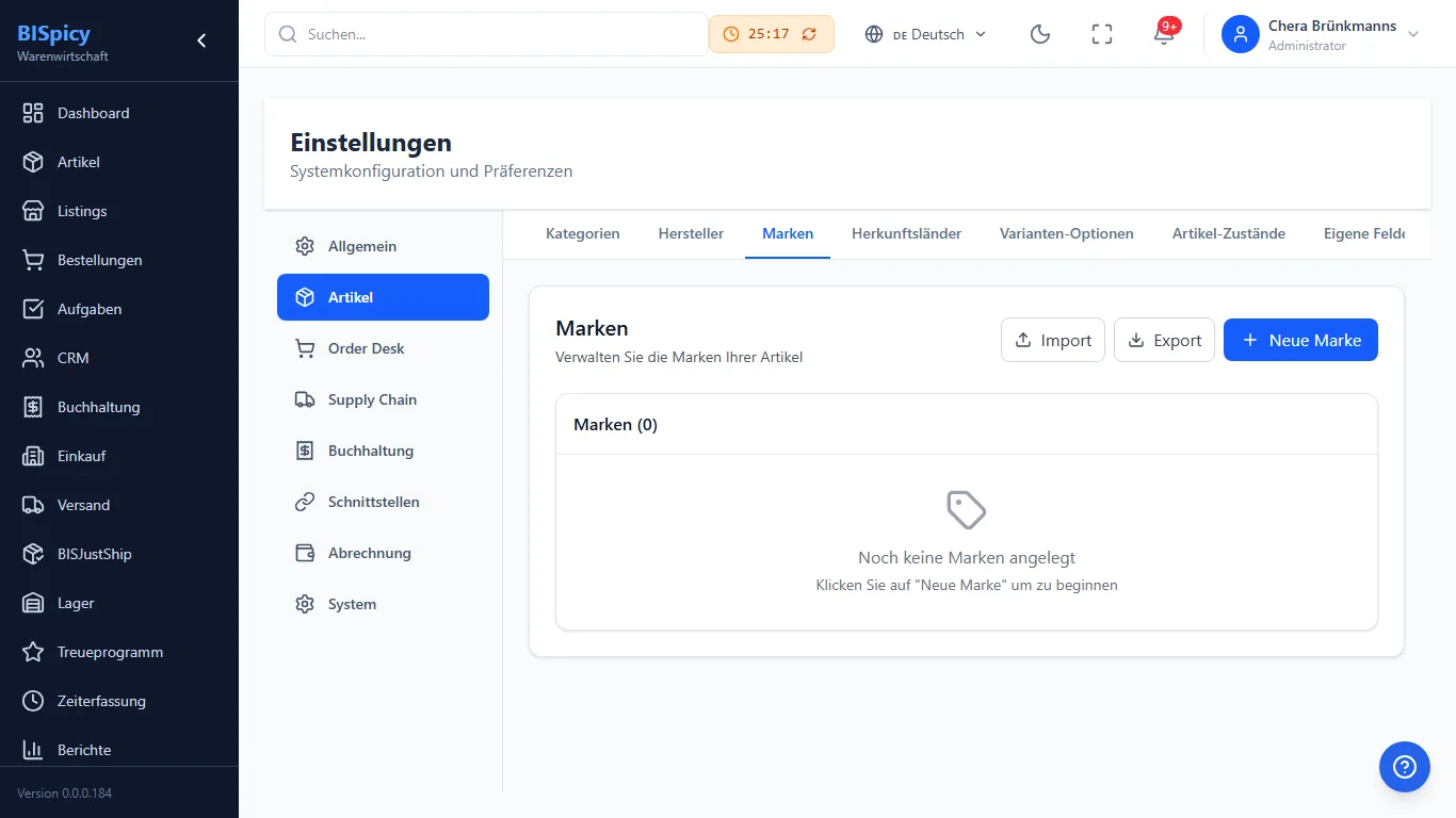 Einstellungen Artikel Marken in BISpicy ERP: Markenliste verwalten mit Schaltflächen Import, Export und Neue Marke