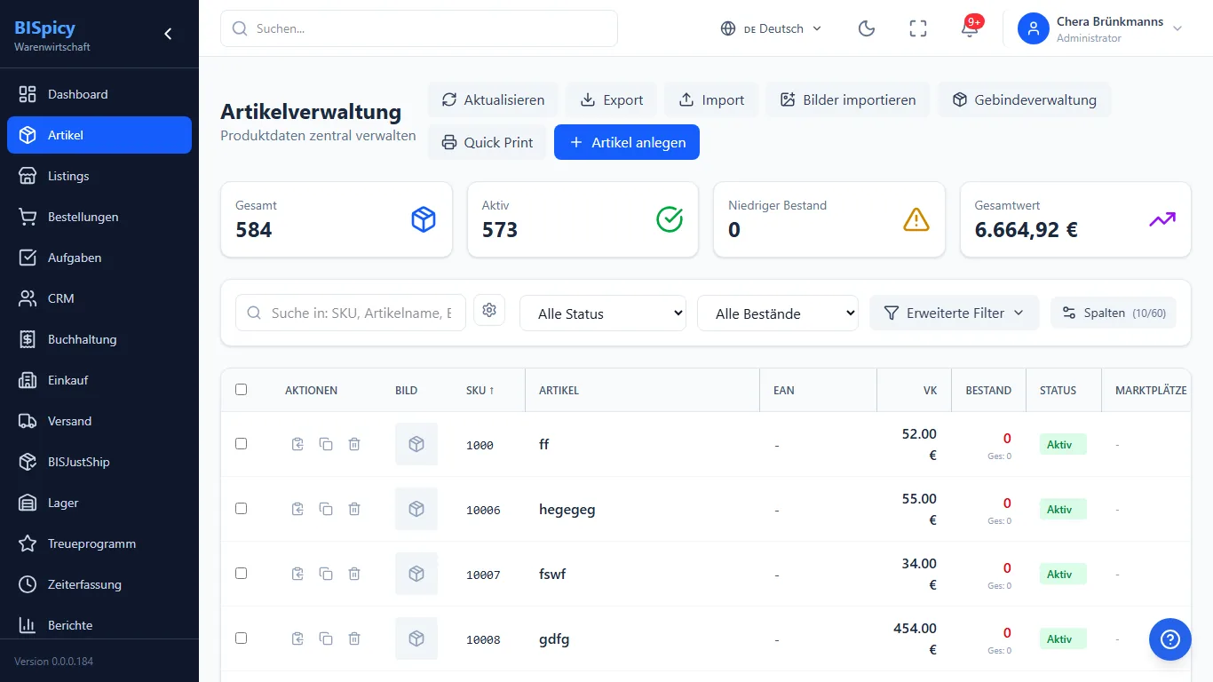 Artikelverwaltung in BISpicy ERP: Kennzahlen Gesamt, Aktiv, Niedriger Bestand und Gesamtwert, Such- und Filterzeile sowie die konfigurierbare Artikelliste
