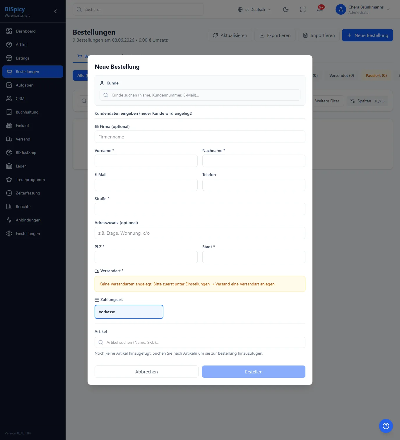 Dialog Neue Bestellung in BISpicy ERP: Kunde suchen oder neu anlegen mit Firma, Vorname, Nachname, E-Mail, Telefon, Straße, PLZ und Stadt, darunter Versandart, Zahlungsart Vorkasse, Artikel-Suche und die Schaltflächen Abbrechen und Erstellen