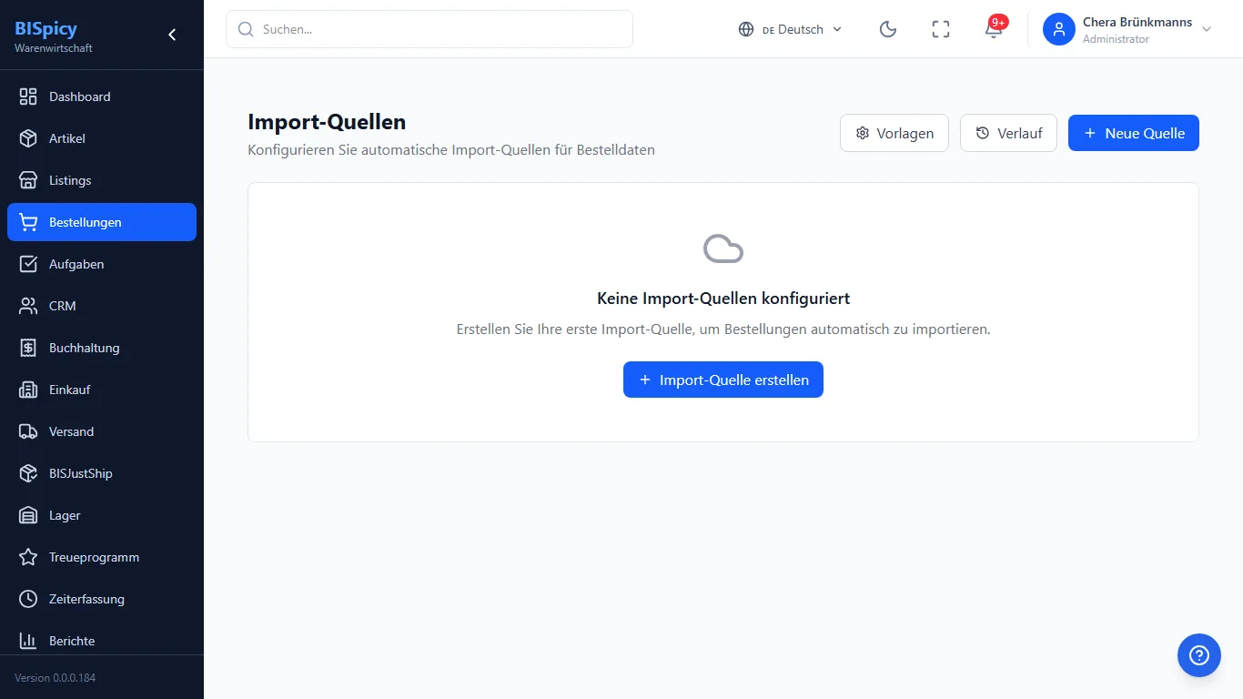 Import-Quellen in BISpicy ERP: Konfiguration automatischer Import-Quellen für Bestelldaten mit den Aktionen Vorlagen, Verlauf und Neue Quelle sowie einem Leerzustand mit der Schaltfläche Import-Quelle erstellen