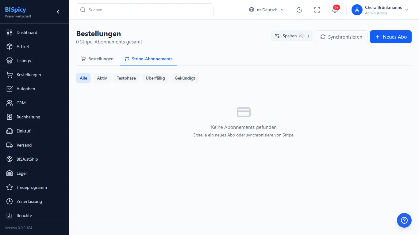 Stripe-Abonnements in der Bestellverwaltung von BISpicy ERP: Filter Alle, Aktiv, Testphase, Überfällig und Gekündigt sowie die Aktionen Synchronisieren und Neues Abo