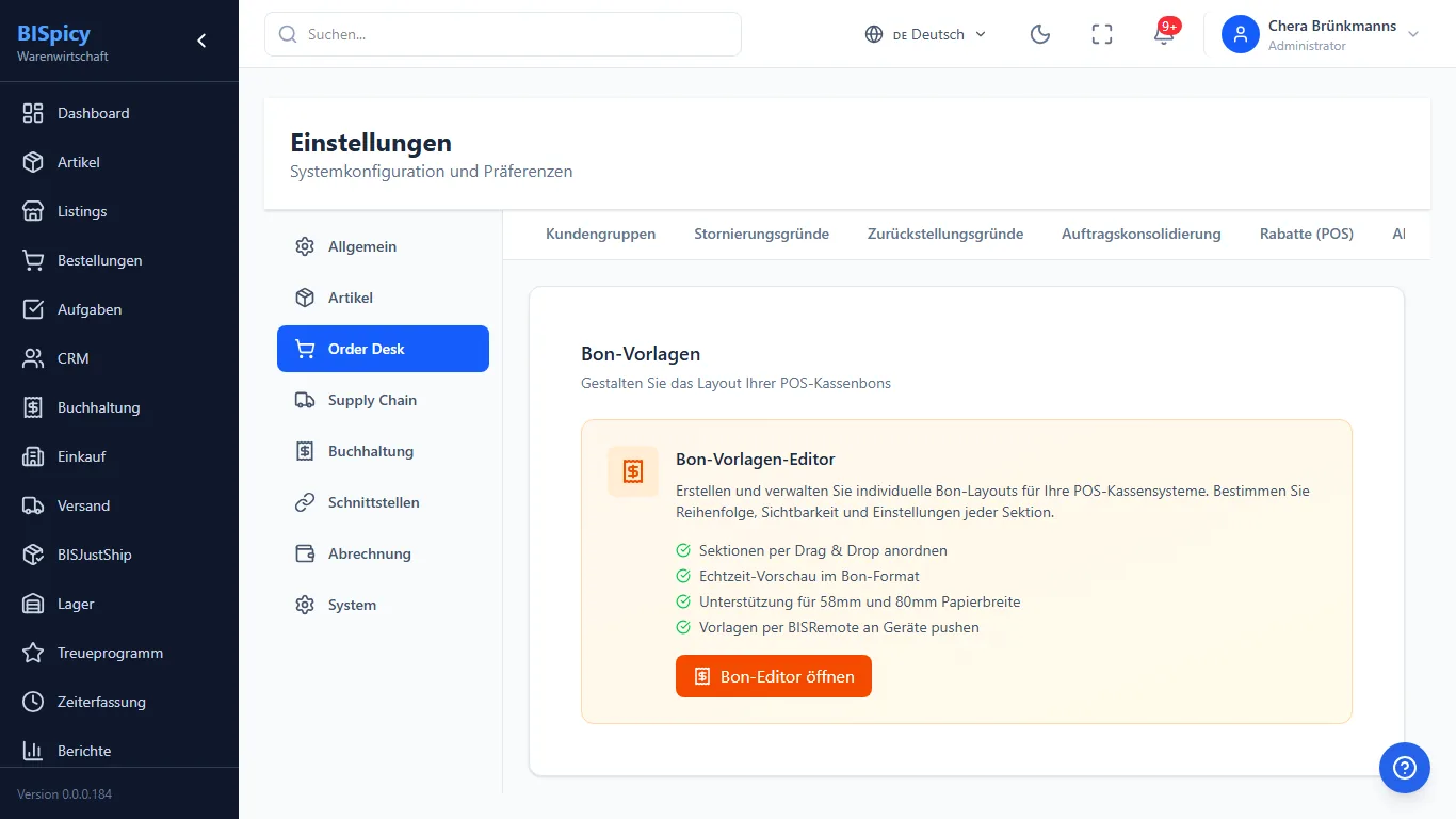 Bon-Vorlagen unter Einstellungen Order Desk in BISpicy ERP: Karte Bon-Vorlagen-Editor mit den Merkmalen Sektionen per Drag and Drop, Echtzeit-Vorschau, Unterstützung für 58mm und 80mm und Vorlagen per BISRemote pushen sowie Schaltfläche Bon-Editor öffnen