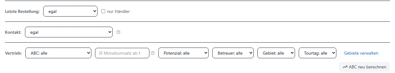 Filterzeilen der Kundenliste in BIS ERP: Letzte Bestellung, Kontakt sowie Vertrieb mit ABC, Durchschnitts-Monatsumsatz ab Euro, Potenzial, Betreuer, Gebiet, Tourtag und dem Knopf ABC neu berechnen
