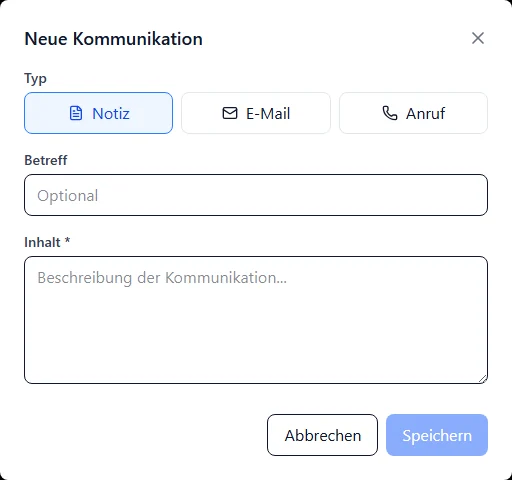 Dialog Neue Kommunikation in BIS ERP: Typ Notiz (gewählt), E-Mail oder Anruf, Feld Betreff optional, Pflichtfeld Inhalt, Knöpfe Abbrechen und Speichern