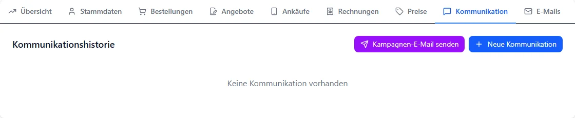 Kundenakte in BIS ERP mit den Reitern Übersicht, Stammdaten, Bestellungen, Angebote, Ankäufe, Rechnungen, Preise, Kommunikation (gewählt) und E-Mails, darunter Kommunikationshistorie mit den Knöpfen Kampagnen-E-Mail senden und Neue Kommunikation sowie dem Hinweis Keine Kommunikation vorhanden