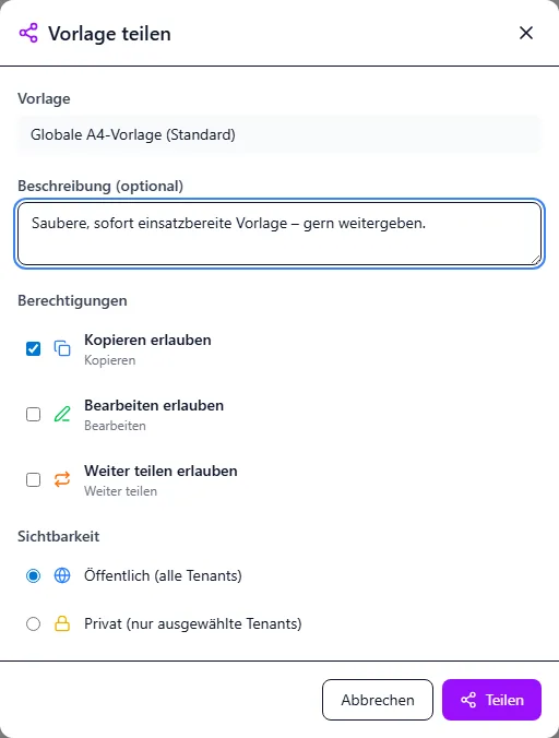 Teilen-Dialog mit Beschreibung, Berechtigungen und Sichtbarkeit