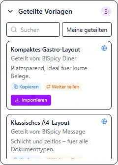 Panel „Geteilte Vorlagen“ mit verfügbaren Community-Vorlagen und Importieren-Button
