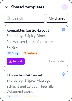 Paneel „Gedeelde sjablonen“ met beschikbare community-sjablonen en importeer-knop