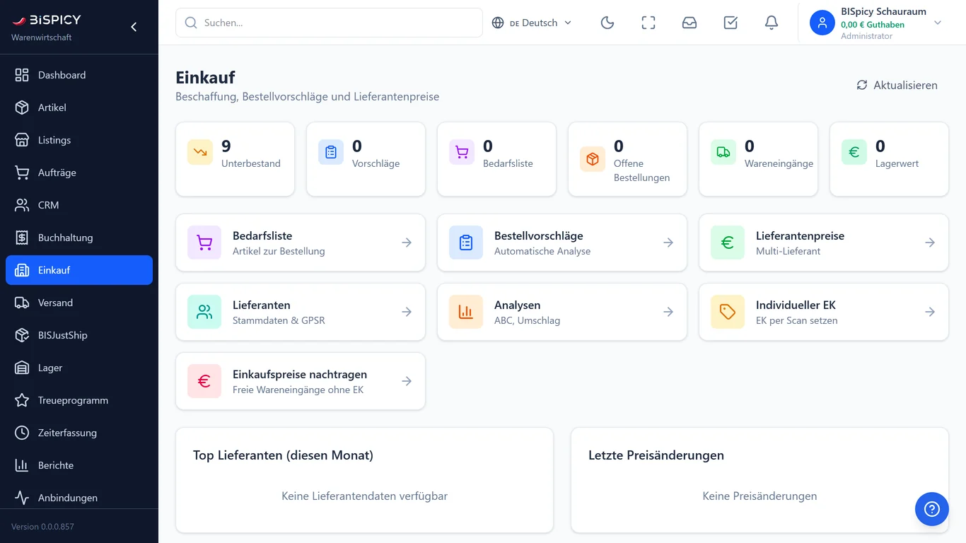 Einkaufsbereich in BIS ERP mit den Kennzahlen Unterbestand, Vorschläge, Bedarfsliste, Offene Bestellungen, Wareneingänge und Lagerwert sowie den Kacheln Bedarfsliste, Bestellvorschläge, Lieferantenpreise, Lieferanten, Analysen, Individueller EK und Einkaufspreise nachtragen