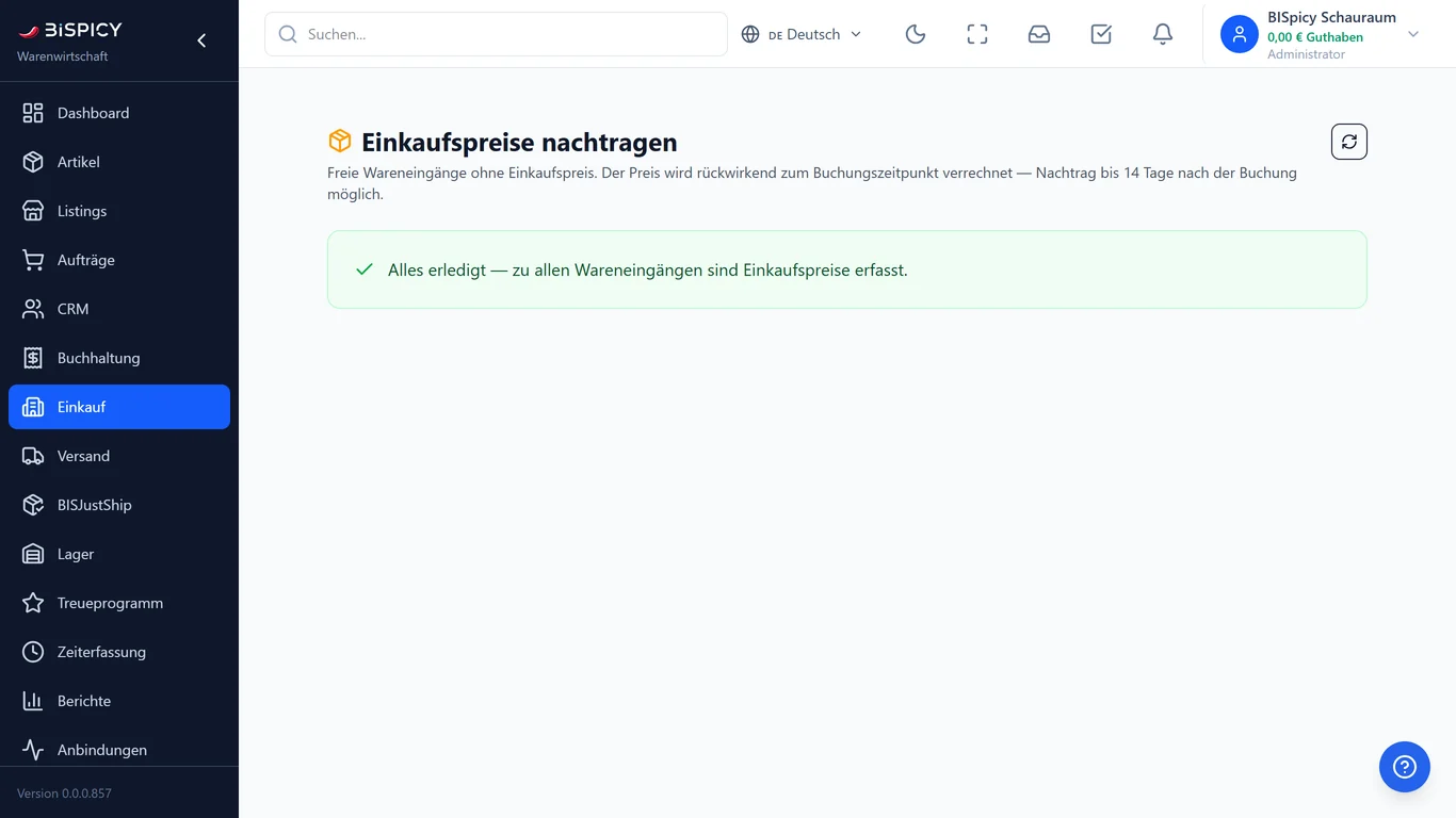 Maske Einkaufspreise nachtragen in BIS ERP mit dem Hinweis, dass der Preis rückwirkend zum Buchungszeitpunkt verrechnet wird und ein Nachtrag bis 14 Tage nach der Buchung möglich ist