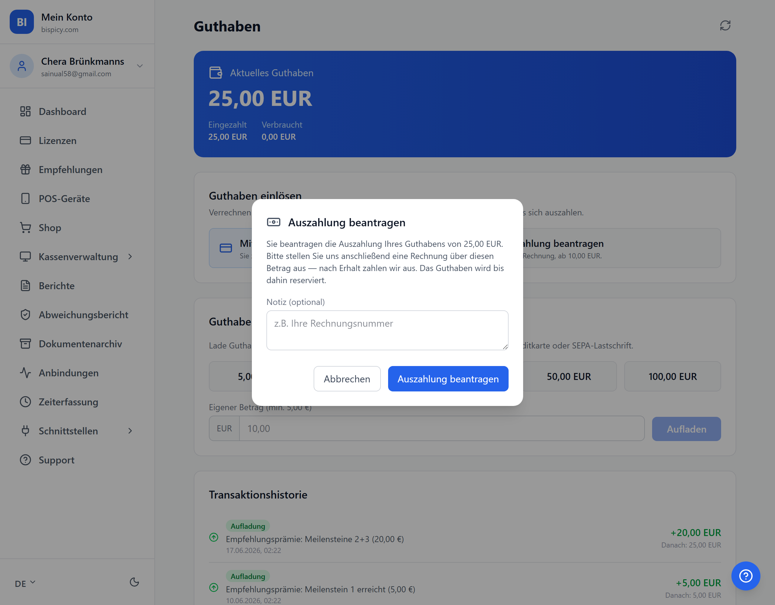 Dialog Auszahlung beantragen: Hinweis, dass eine Rechnung über den Betrag an BISpicy zu stellen ist, mit optionalem Notizfeld