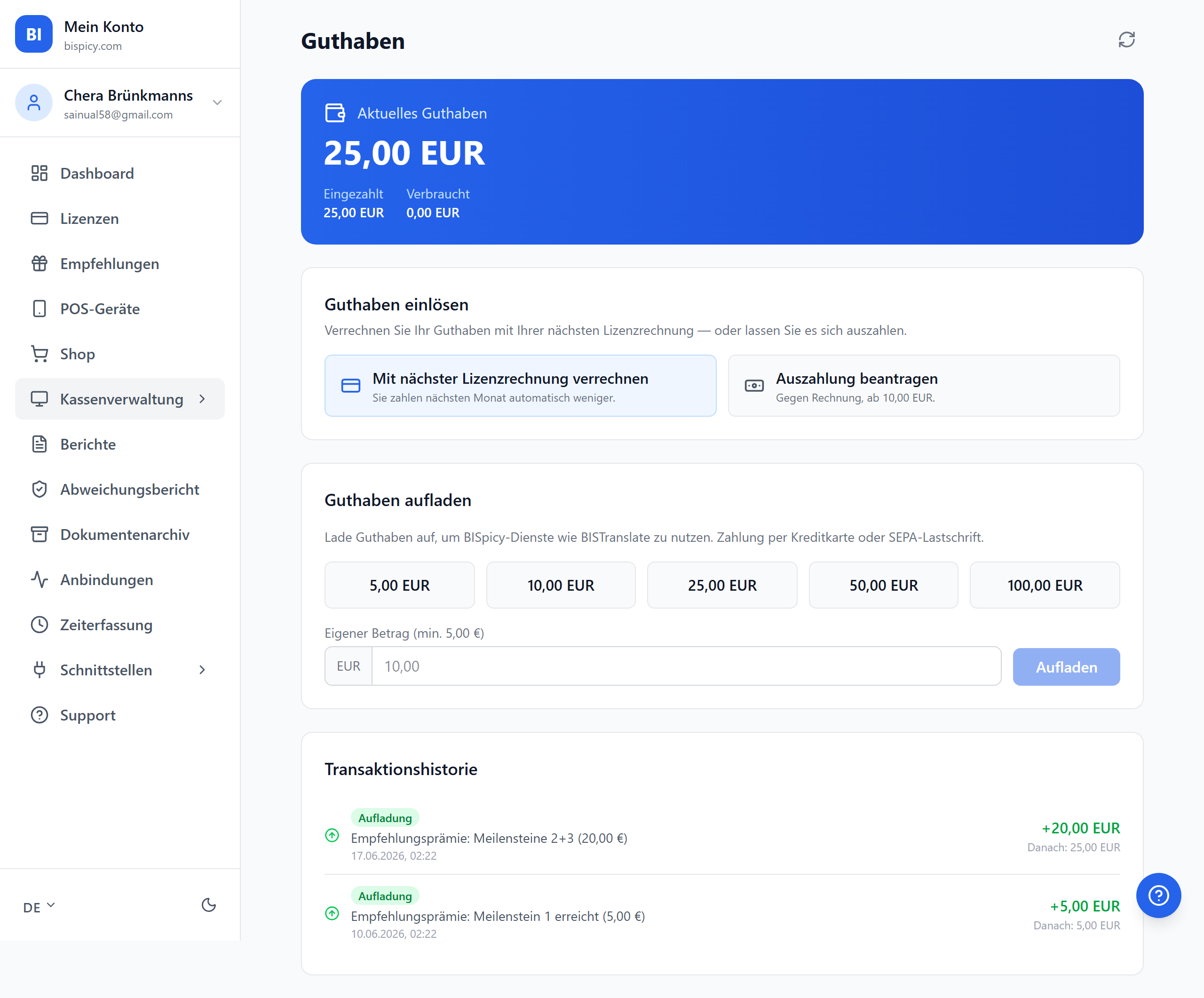 Guthaben-Seite im Kundencenter mit aktuellem Guthaben, dem Bereich Guthaben einlösen (Verrechnen oder Auszahlung beantragen) und der Transaktionshistorie der Empfehlungsprämien