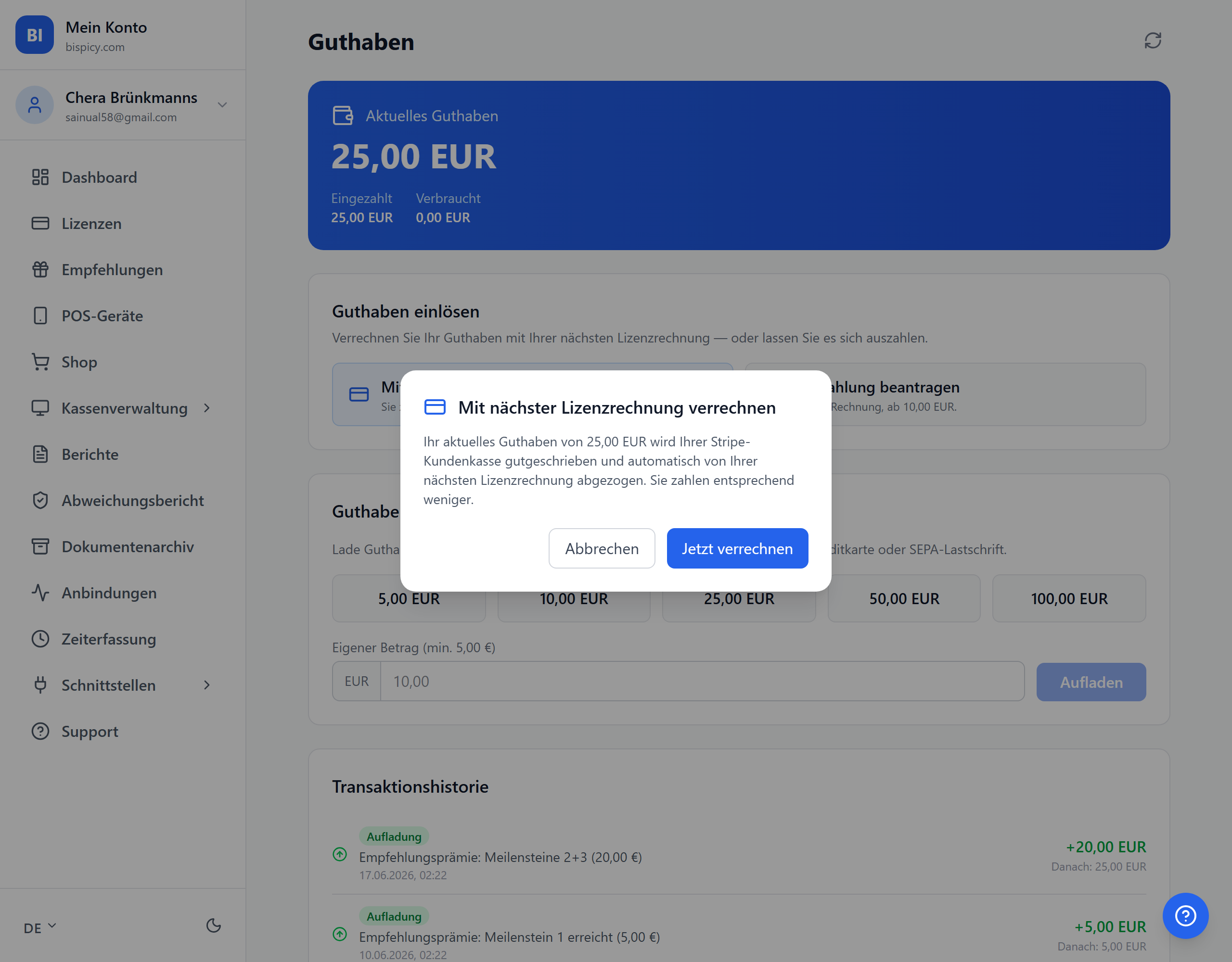 Bestätigungsdialog: Das Guthaben wird der Stripe-Kundenkasse gutgeschrieben und automatisch von der nächsten Lizenzrechnung abgezogen