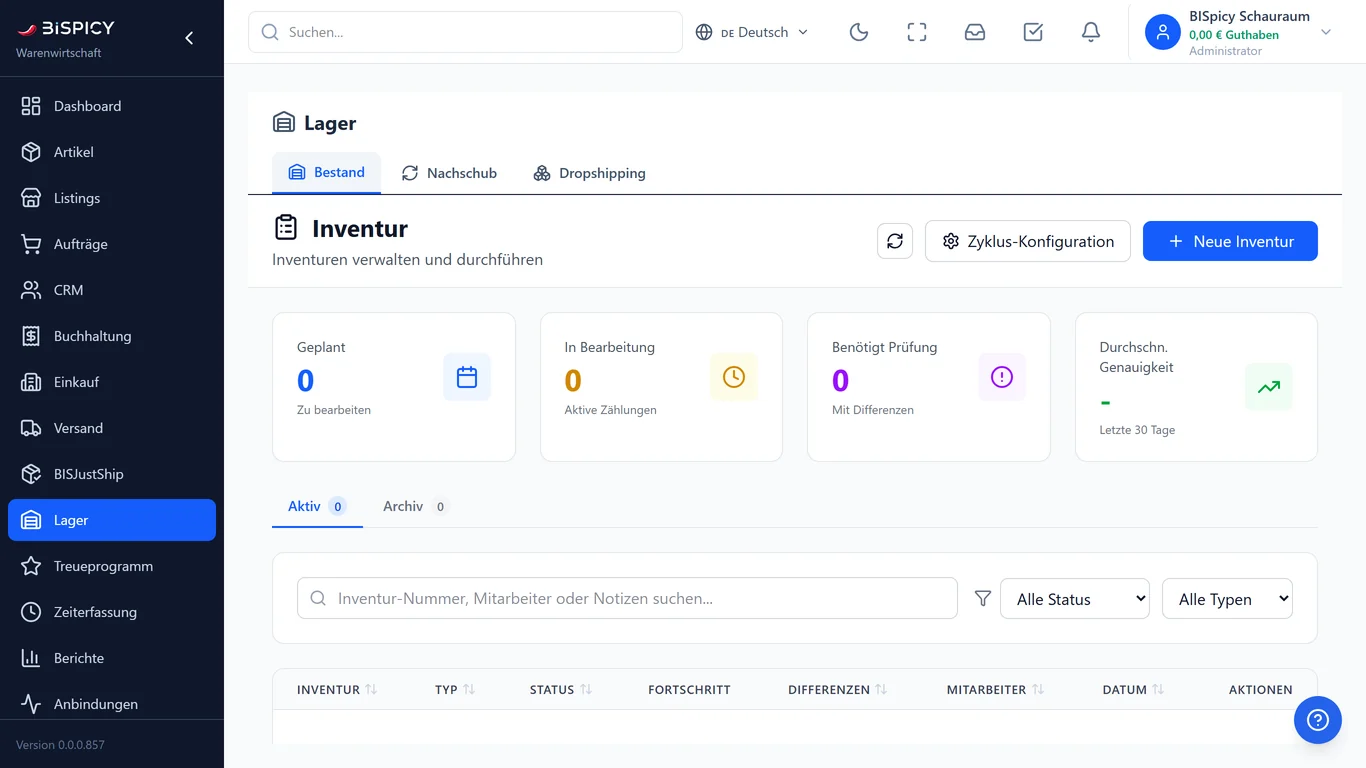 Inventur-Übersicht in BIS ERP mit den Reitern Aktiv und Archiv, den Kennzahlen Geplant, In Bearbeitung, Benötigt Prüfung und Durchschnittliche Genauigkeit sowie der Schaltfläche Neue Inventur