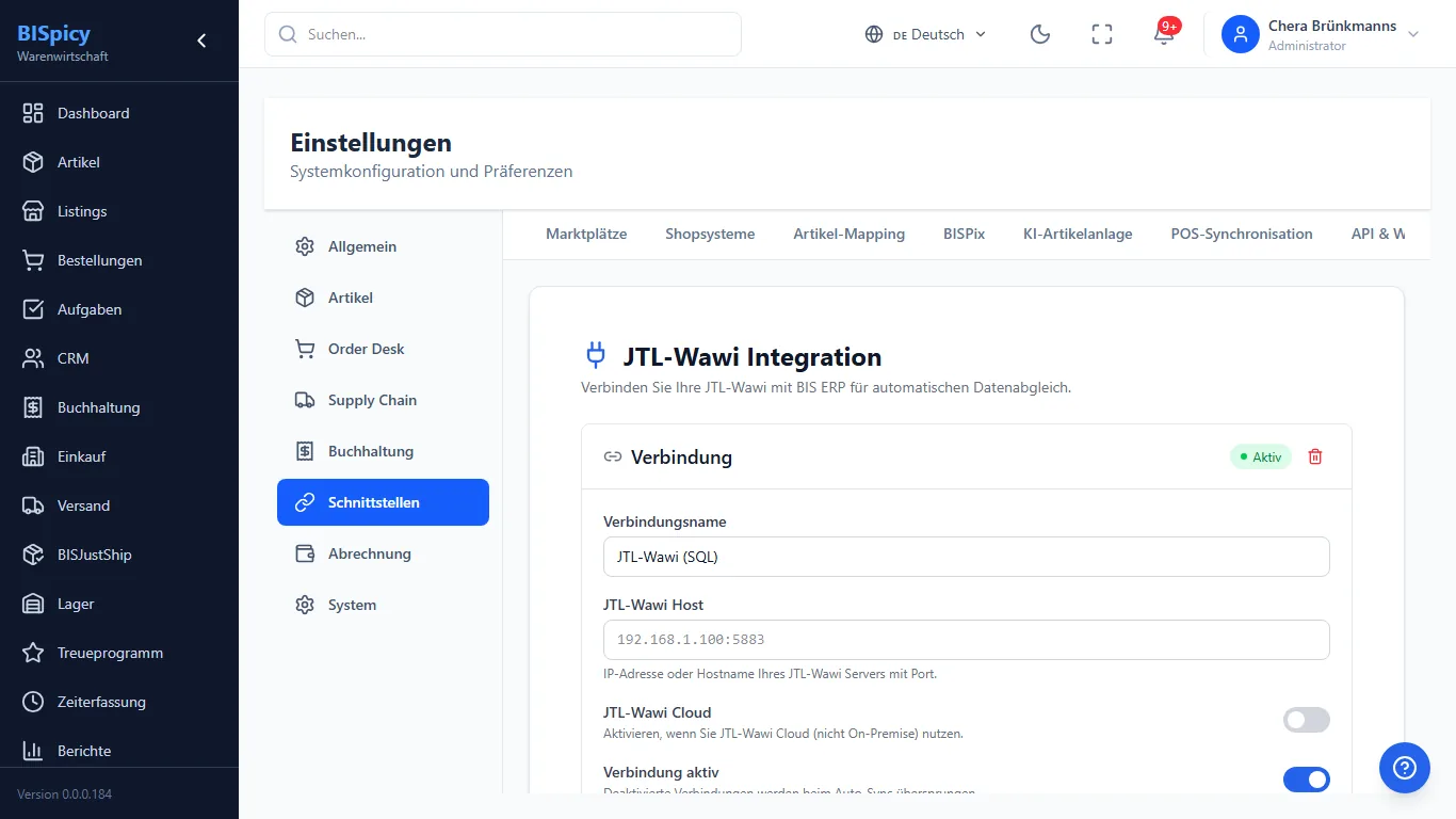 JTL-Wawi Integration in BISpicy ERP unter Einstellungen Schnittstellen: Verbindung mit Status Aktiv, Verbindungsname JTL-Wawi (SQL), JTL-Wawi Host mit IP und Port, Schalter für JTL-Wawi Cloud und Verbindung aktiv