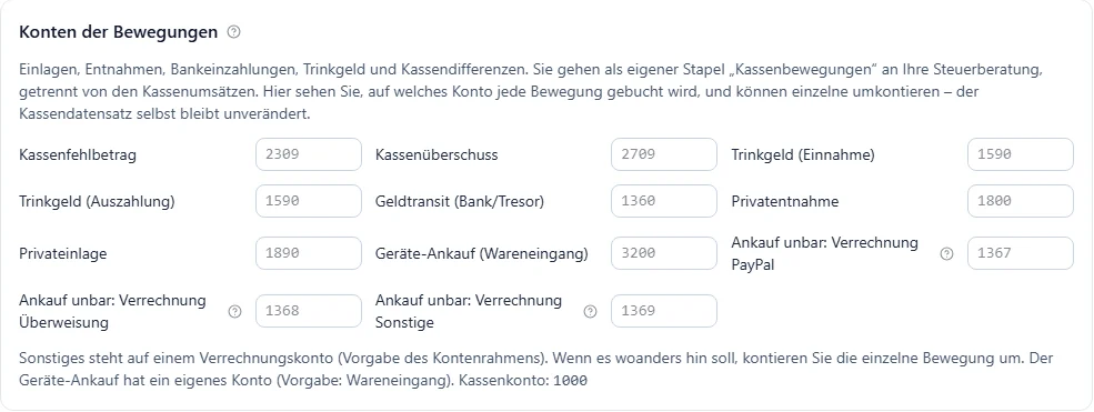 Maske DATEV-Kassenexport einrichten in BIS ERP, Reiter Kassenbewegungen, Konten der Bewegungen mit den Vorgaben Kassenfehlbetrag 2309, Kassenüberschuss 2709, Trinkgeld 1590, Geldtransit 1360, Privatentnahme 1800, Privateinlage 1890, Geräte-Ankauf (Wareneingang) 3200 und Ankauf unbar: Verrechnung PayPal 1367, Überweisung 1368 und Sonstige 1369