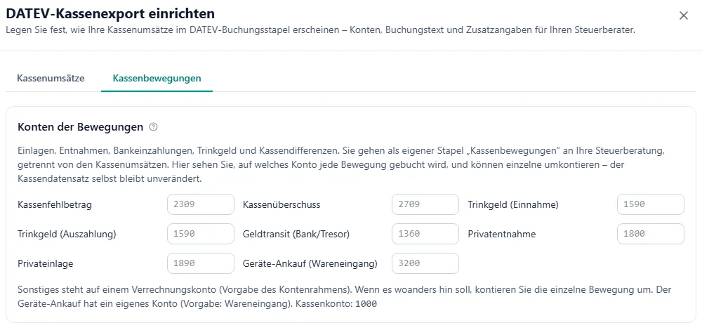 Maske DATEV-Kassenexport einrichten in BIS ERP, Reiter Kassenbewegungen: Konten der Bewegungen mit den Vorgaben Kassenfehlbetrag 2309, Kassenüberschuss 2709, Trinkgeld Einnahme und Auszahlung 1590, Geldtransit 1360, Privatentnahme 1800, Privateinlage 1890 und Geräte-Ankauf Wareneingang 3200, Kassenkonto 1000