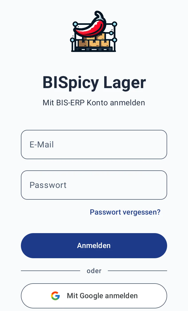 Lager-App BISpicy Lager, Anmeldung: Überschrift Mit BIS-ERP Konto anmelden, Felder E-Mail und Passwort, Passwort vergessen, Knopf Anmelden und darunter Mit Google anmelden