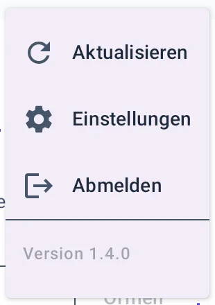 Lager-App Menü oben rechts mit den Einträgen Aktualisieren, Einstellungen und Abmelden und darunter Version 1.4.0