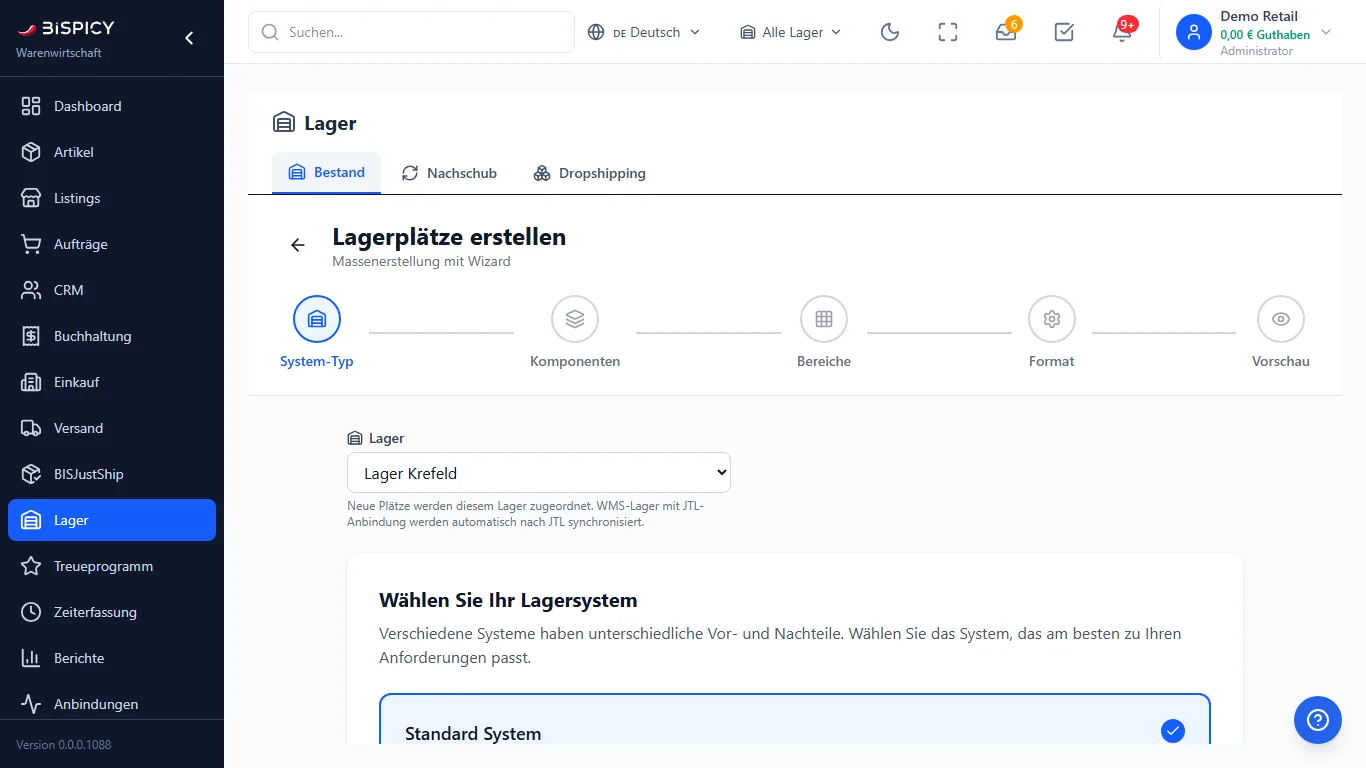 BIS ERP, Assistent Lagerplätze erstellen: Schrittleiste System-Typ, Komponenten, Bereiche, Format, Vorschau, darunter die Auswahl des Lagers und Wählen Sie Ihr Lagersystem mit Standard System