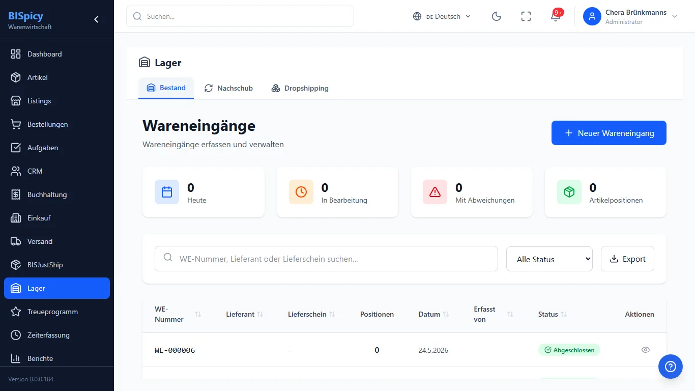 Wareneingänge in BISpicy: Liste mit WE-Nummer, Lieferant, Lieferschein, Positionen, Datum und Status sowie Button Neuer Wareneingang und Kennzahlen