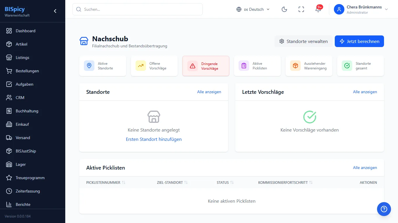 Nachschub-Modul in BISpicy ERP: Schaltflächen Standorte verwalten und Jetzt berechnen, Kennzahlen Aktive Standorte, Offene Vorschläge, Dringende Vorschläge, Aktive Picklisten, Ausstehender Wareneingang und Standorte gesamt sowie die Bereiche Standorte, Letzte Vorschläge und Aktive Picklisten