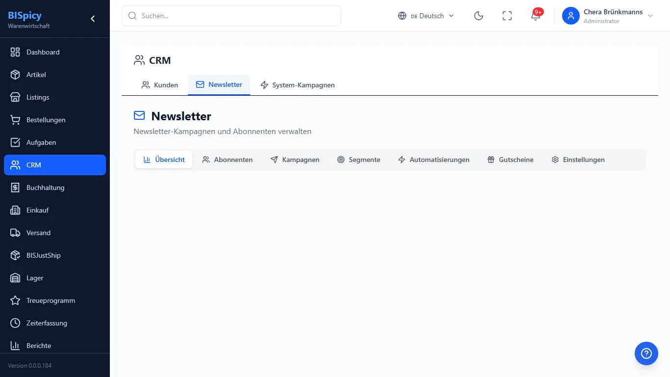 Newsletter-Bereich in BISpicy ERP unter CRM: Reiter Übersicht, Abonnenten, Kampagnen, Segmente, Automatisierungen, Gutscheine und Einstellungen