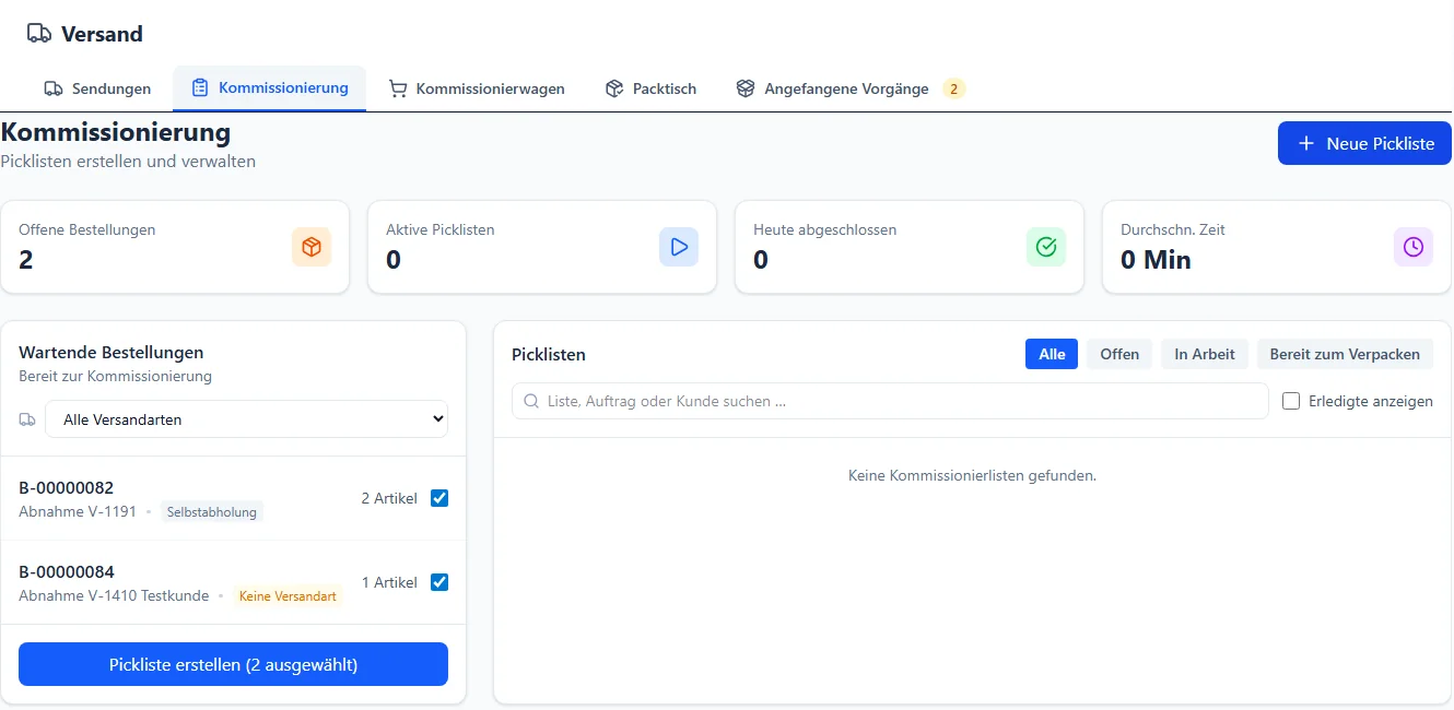 Kommissionierung in BIS ERP nach Klick auf Neue Pickliste: beide wartenden Bestellungen B-00000082 und B-00000084 sind angehakt, darunter der aktive Knopf Pickliste erstellen (2 ausgewählt)